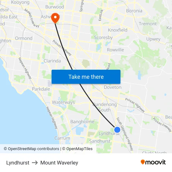Lyndhurst to Mount Waverley map