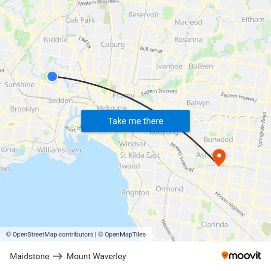 Maidstone to Mount Waverley map