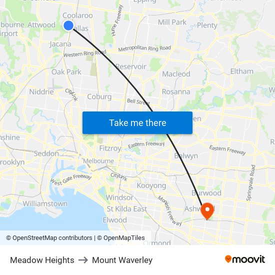 Meadow Heights to Mount Waverley map