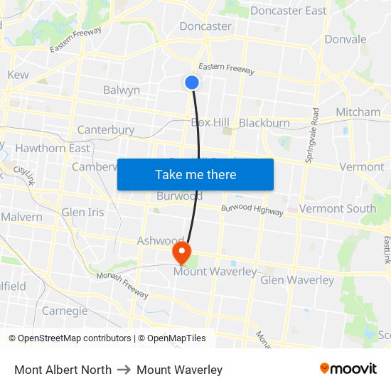 Mont Albert North to Mount Waverley map