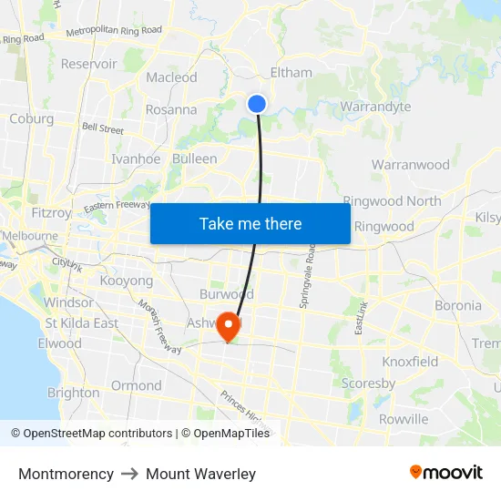 Montmorency to Mount Waverley map