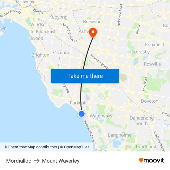 Mordialloc to Mount Waverley map