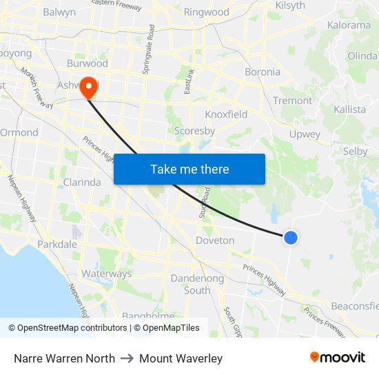 Narre Warren North to Mount Waverley map