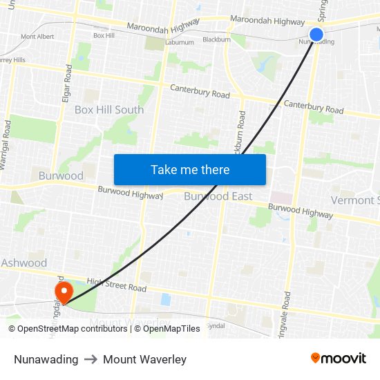 Nunawading to Mount Waverley map