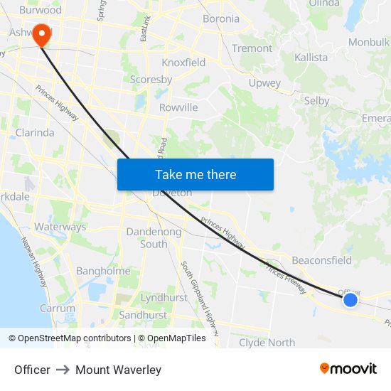 Officer to Mount Waverley map