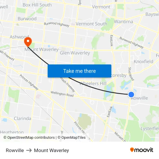 Rowville to Mount Waverley map