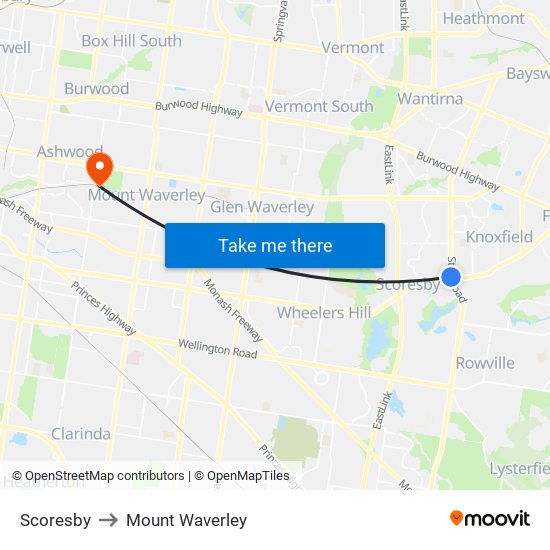 Scoresby to Mount Waverley map