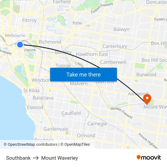 Southbank to Mount Waverley map