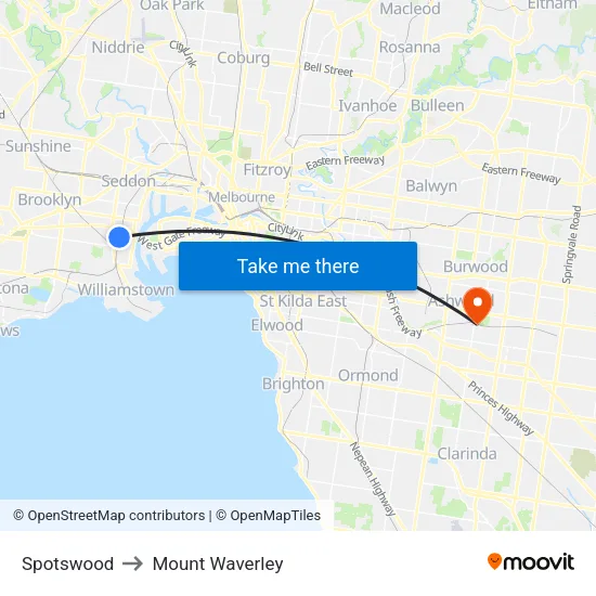 Spotswood to Mount Waverley map