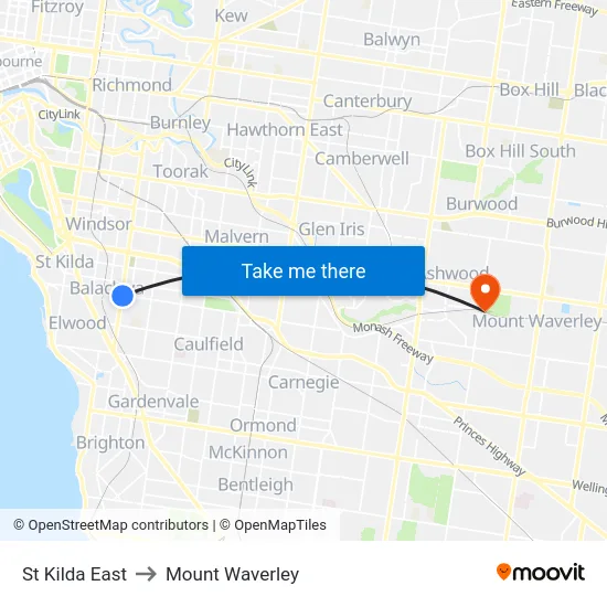 St Kilda East to Mount Waverley map