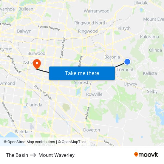 The Basin to Mount Waverley map