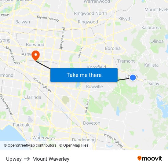Upwey to Mount Waverley map