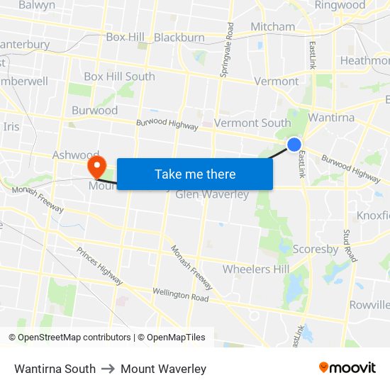 Wantirna South to Mount Waverley map