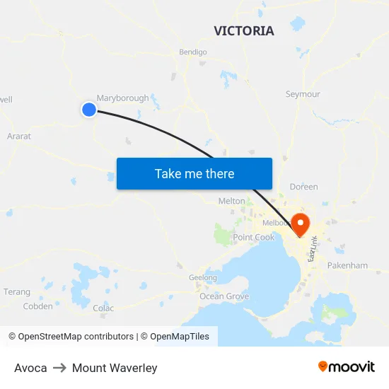 Avoca to Mount Waverley map
