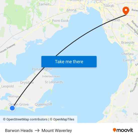 Barwon Heads to Mount Waverley map