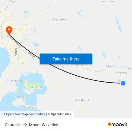 Churchill to Mount Waverley map