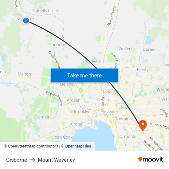Gisborne to Mount Waverley map