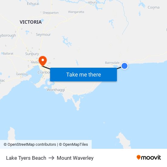 Lake Tyers Beach to Mount Waverley map