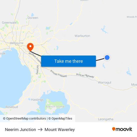 Neerim Junction to Mount Waverley map