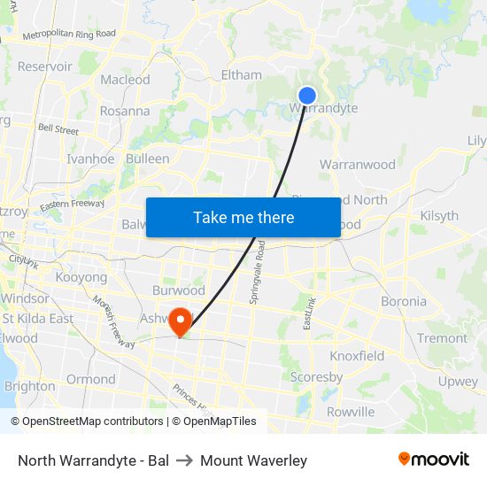 North Warrandyte - Bal to Mount Waverley map