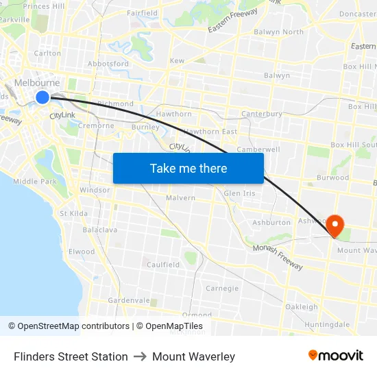 Flinders Street Station to Mount Waverley map