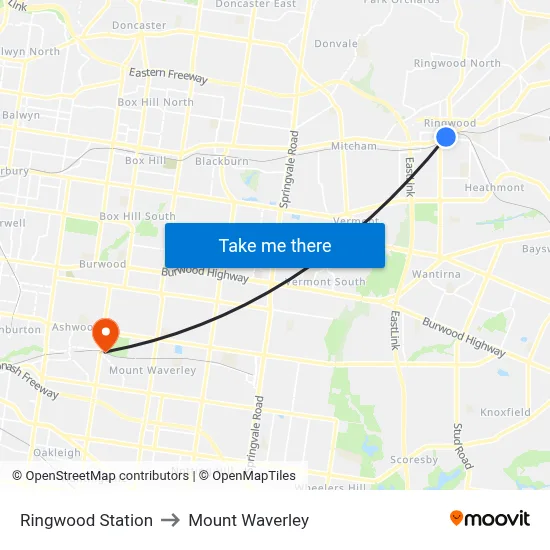Ringwood Station to Mount Waverley map