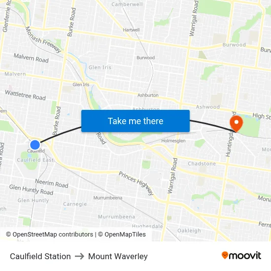 Caulfield Station to Mount Waverley map