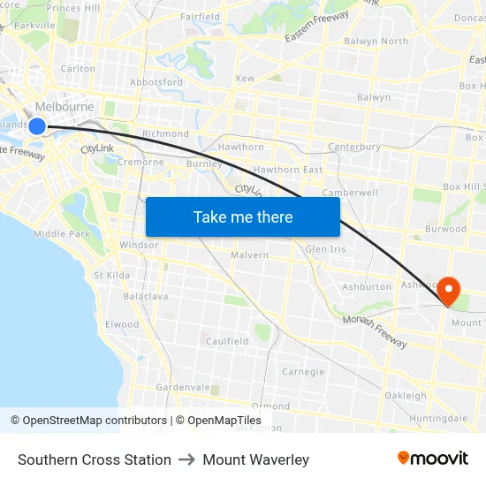 Southern Cross Station to Mount Waverley map