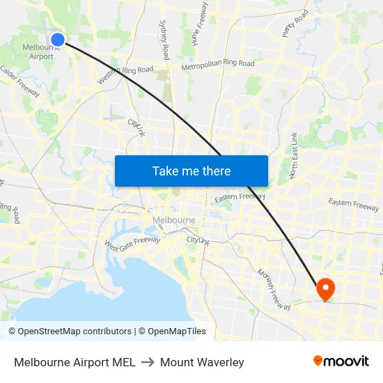 Melbourne Airport MEL to Mount Waverley map
