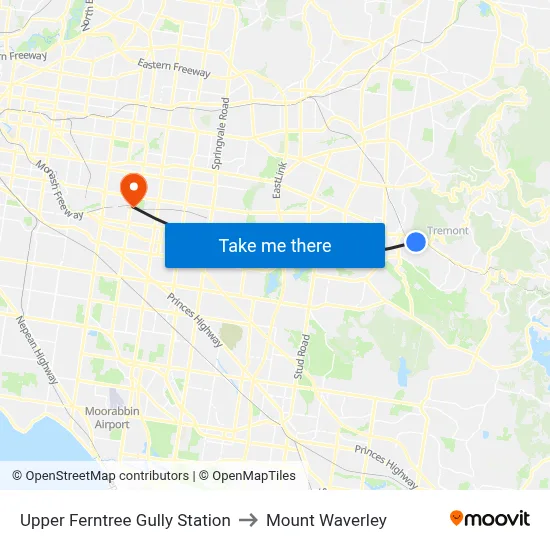 Upper Ferntree Gully Station to Mount Waverley map