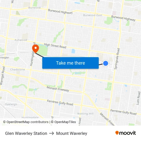 Glen Waverley Station to Mount Waverley map