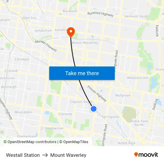Westall Station to Mount Waverley map