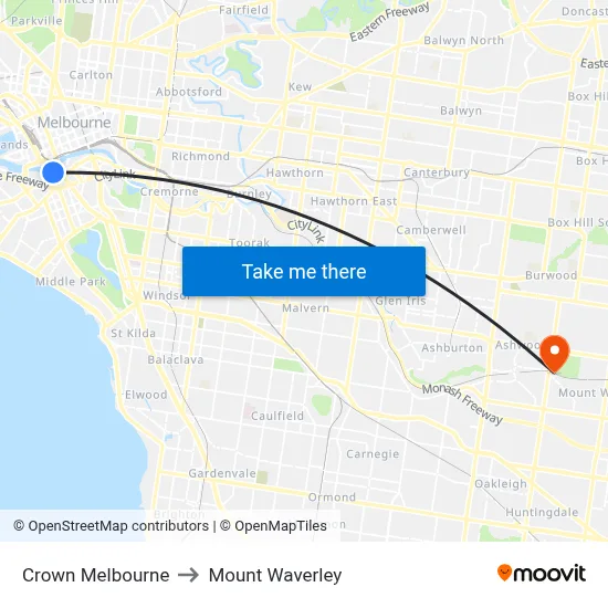 Crown Melbourne to Mount Waverley map