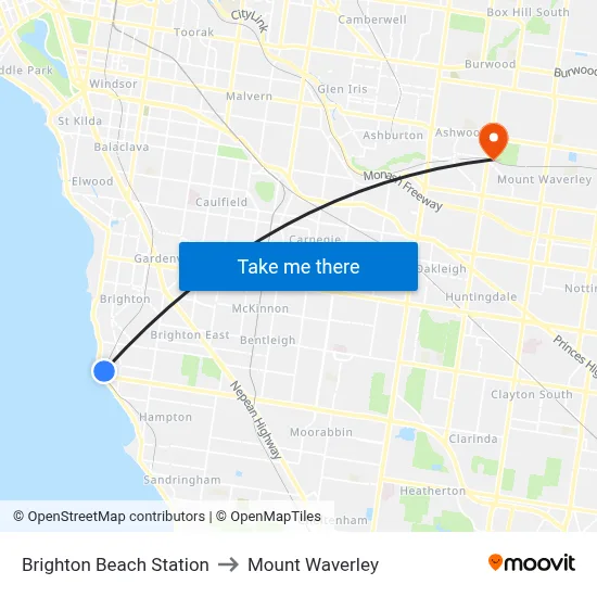 Brighton Beach Station to Mount Waverley map