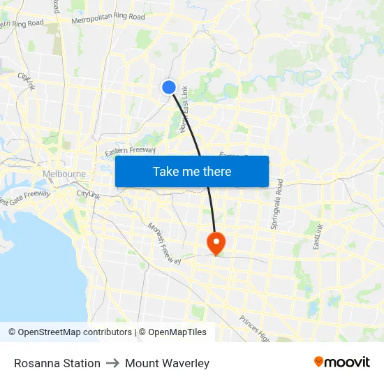 Rosanna Station to Mount Waverley map