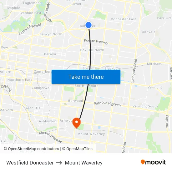Westfield Doncaster to Mount Waverley map