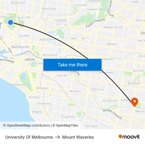 University Of Melbourne to Mount Waverley map