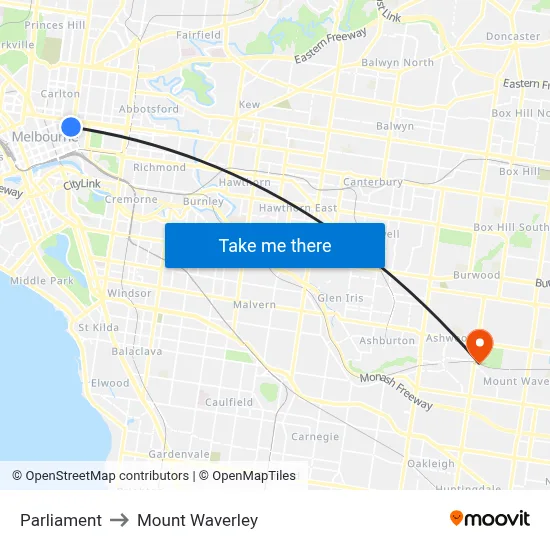 Parliament to Mount Waverley map