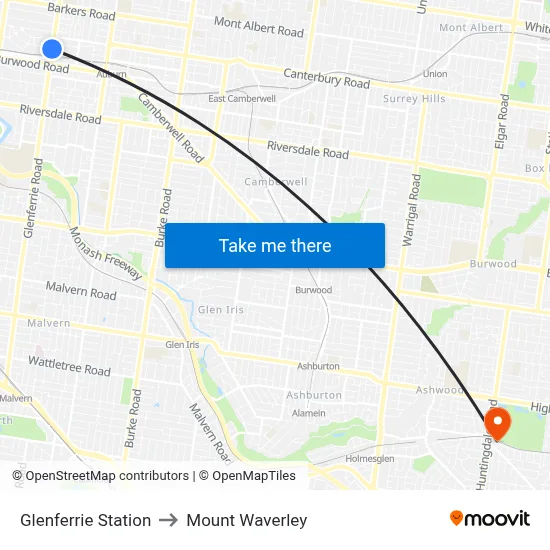 Glenferrie Station to Mount Waverley map
