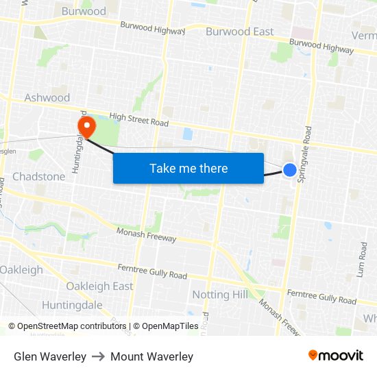 Glen Waverley to Mount Waverley map