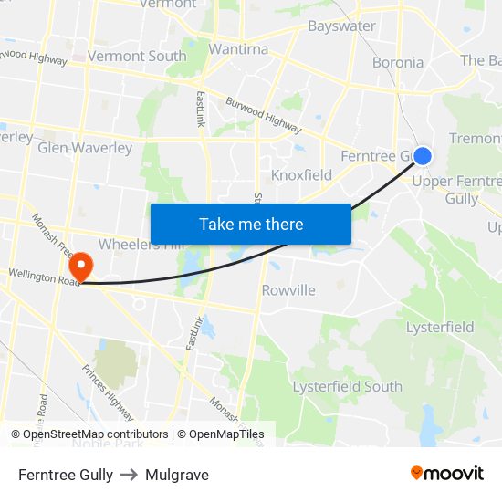 Ferntree Gully to Mulgrave map