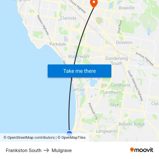 Frankston South to Mulgrave map