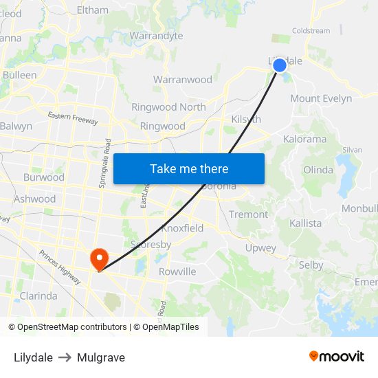 Lilydale to Mulgrave map