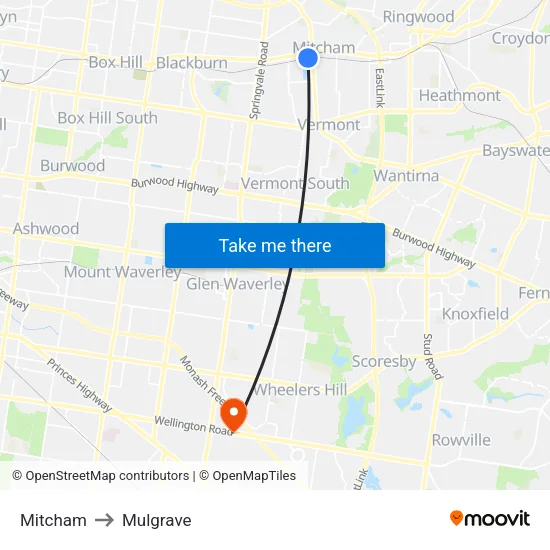 Mitcham to Mulgrave map