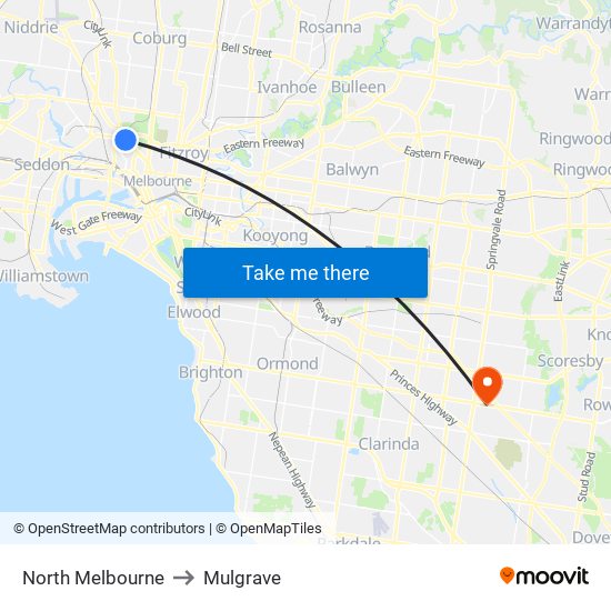 North Melbourne to Mulgrave map