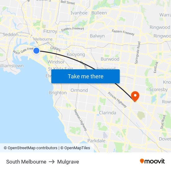 South Melbourne to Mulgrave map