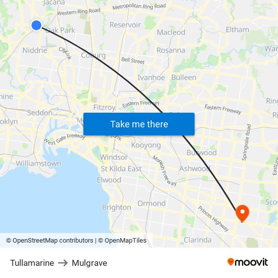 Tullamarine to Mulgrave map