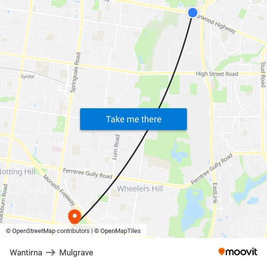 Wantirna to Mulgrave map