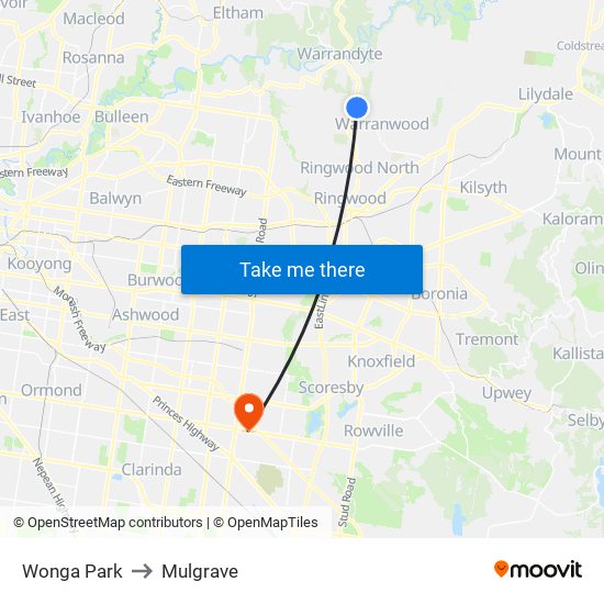 Wonga Park to Mulgrave map