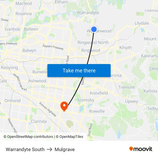 Warrandyte South to Mulgrave map